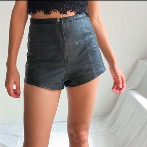 Vintage Black leather shorts, high rise EUC 13.5” waist, 13” rise, zip fly